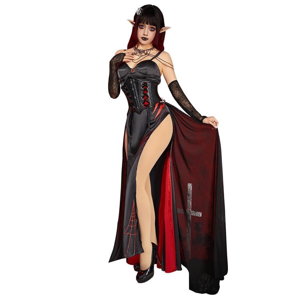 8037 Costume Vampire Spider Cosplay Sexy Dark Gothic High Slit Dress